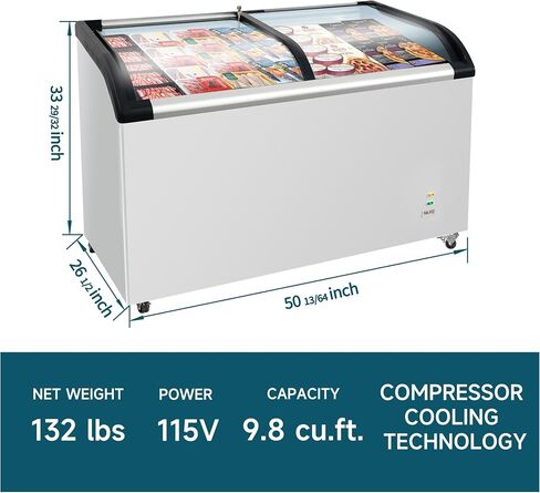 Curved Top Display Freezer 9.75 Cu.ft Sliding Glass Lid Ice Cream Freezers Commercial Mobile Chest Freezer with LED Lighting, 4 Removable Baskets, Anti-Fog Sliding Lid in Kuwait