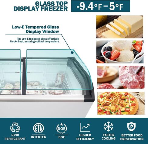 Curved Top Display Freezer 9.75 Cu.ft Sliding Glass Lid Ice Cream Freezers Commercial Mobile Chest Freezer with LED Lighting, 4 Removable Baskets, Anti-Fog Sliding Lid in Kuwait