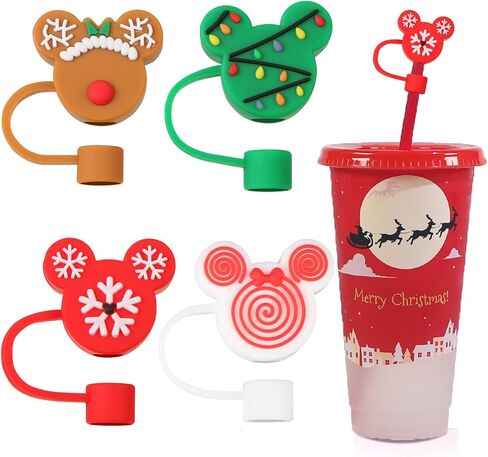 DREMISI 4 Pcs Bear Head Silicone Straw Tips Cover, Cute Christmas Topper Reusable Drinking Caps Lids, Dust-proof Plugs Protectors for 6-8 mm Straws in Kuwait