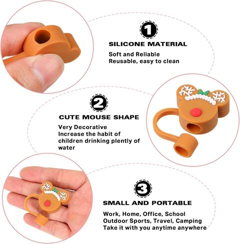 DREMISI 4 Pcs Bear Head Silicone Straw Tips Cover, Cute Christmas Topper Reusable Drinking Caps Lids, Dust-proof Plugs Protectors for 6-8 mm Straws in Kuwait