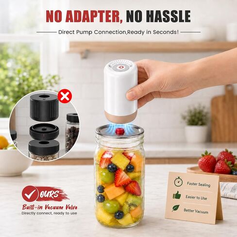 Portable Mason Jar Electric Pump with 10 Reusable Vacuum Seal Lids | 5 Wide & 5 Regular Mouth Jar Lids, One Pinch to Open No Tools Needed; Vacuum Sealer for Canning and Food Storage, 20S Sealing in Kuwait