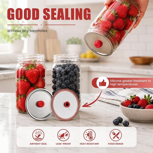Portable Mason Jar Electric Pump with 10 Reusable Vacuum Seal Lids | 5 Wide & 5 Regular Mouth Jar Lids, One Pinch to Open No Tools Needed; Vacuum Sealer for Canning and Food Storage, 20S Sealing in Kuwait