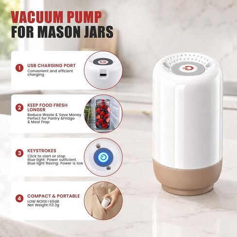 Portable Mason Jar Electric Pump with 10 Reusable Vacuum Seal Lids | 5 Wide & 5 Regular Mouth Jar Lids, One Pinch to Open No Tools Needed; Vacuum Sealer for Canning and Food Storage, 20S Sealing in Kuwait