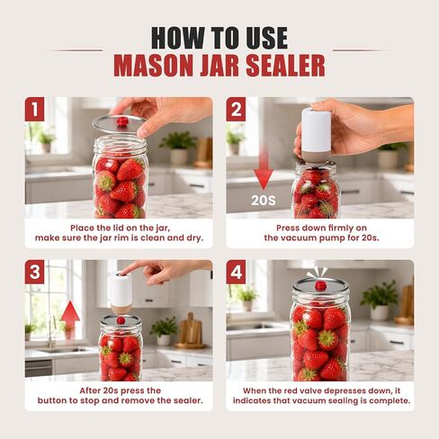 Portable Mason Jar Electric Pump with 10 Reusable Vacuum Seal Lids | 5 Wide & 5 Regular Mouth Jar Lids, One Pinch to Open No Tools Needed; Vacuum Sealer for Canning and Food Storage, 20S Sealing in Kuwait