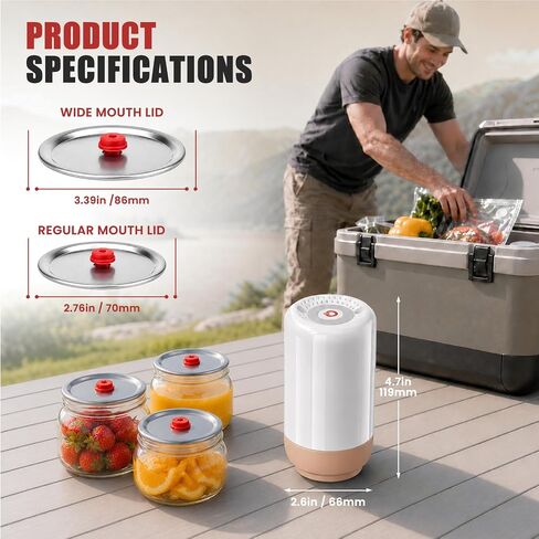 Portable Mason Jar Electric Pump with 10 Reusable Vacuum Seal Lids | 5 Wide & 5 Regular Mouth Jar Lids, One Pinch to Open No Tools Needed; Vacuum Sealer for Canning and Food Storage, 20S Sealing in Kuwait