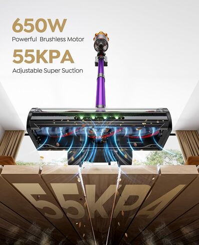 Cordless Vacuum Cleaner, 70Mins 650W 55KPA Vacuum Cleaners for Home, Self-Standing Stick Vacuum with Auto Mode, Anti-Tangle Wireless Vacumm, Scented, Vacuum Cordless for Pet Hair/Carpet/Floor in Kuwait