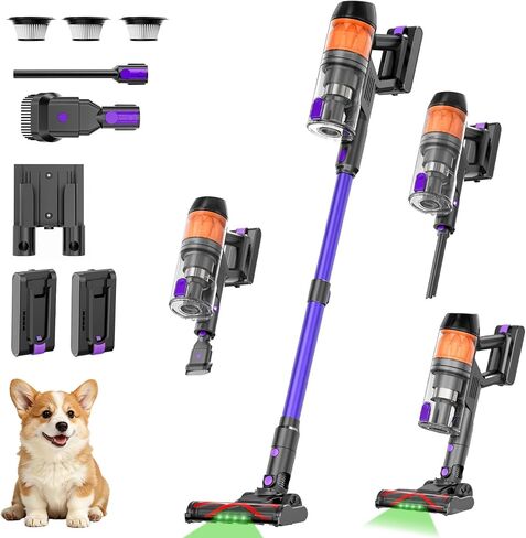 Cordless Vacuum Cleaner, 120Mins Runtime with 2 Batteries, 500W 40KPa Vacuum Cleaners for Home, Green Light Anti-Tangle Brush & Wall Mount Charging, Lightweight for Pet Hair Carpet Hard Floors in Kuwait