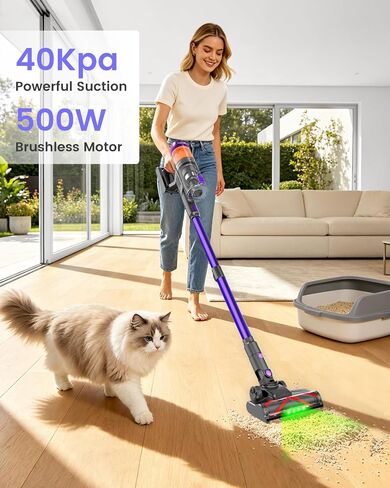 Cordless Vacuum Cleaner, 120Mins Runtime with 2 Batteries, 500W 40KPa Vacuum Cleaners for Home, Green Light Anti-Tangle Brush & Wall Mount Charging, Lightweight for Pet Hair Carpet Hard Floors in Kuwait