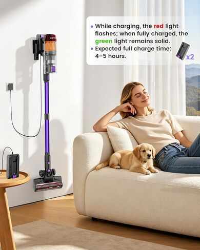 Cordless Vacuum Cleaner, 120Mins Runtime with 2 Batteries, 500W 40KPa Vacuum Cleaners for Home, Green Light Anti-Tangle Brush & Wall Mount Charging, Lightweight for Pet Hair Carpet Hard Floors in Kuwait