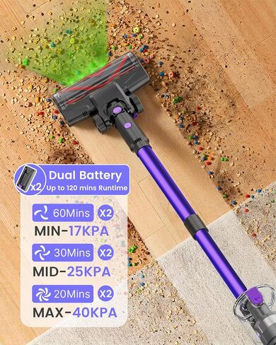 Cordless Vacuum Cleaner, 120Mins Runtime with 2 Batteries, 500W 40KPa Vacuum Cleaners for Home, Green Light Anti-Tangle Brush & Wall Mount Charging, Lightweight for Pet Hair Carpet Hard Floors in Kuwait