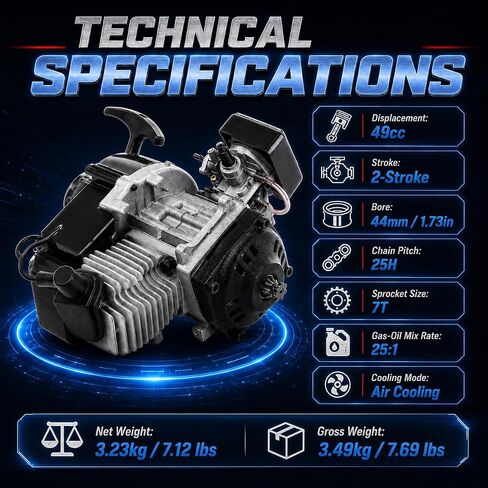محرك محرك ثنائي الأشواط 49cc، محرك دراجة نارية صغير لدراجة الجيب، Go-Kart | سلسلة مسننة 7T مبردة بالهواء، سلسلة 25H، ملائمة مباشرة 33-49cc سكوتر ATVs Beach Buggies، مزيج 25:1، تجويف 44 مم - متينة in Kuwait