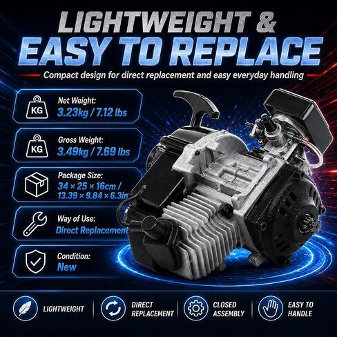 محرك محرك ثنائي الأشواط 49cc، محرك دراجة نارية صغير لدراجة الجيب، Go-Kart | سلسلة مسننة 7T مبردة بالهواء، سلسلة 25H، ملائمة مباشرة 33-49cc سكوتر ATVs Beach Buggies، مزيج 25:1، تجويف 44 مم - متينة in Kuwait