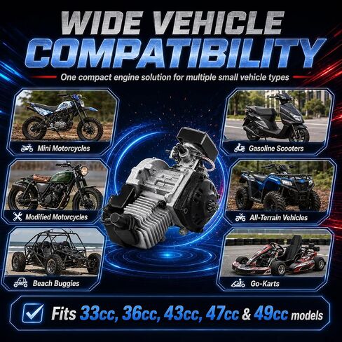 محرك محرك ثنائي الأشواط 49cc، محرك دراجة نارية صغير لدراجة الجيب، Go-Kart | سلسلة مسننة 7T مبردة بالهواء، سلسلة 25H، ملائمة مباشرة 33-49cc سكوتر ATVs Beach Buggies، مزيج 25:1، تجويف 44 مم - متينة in Kuwait