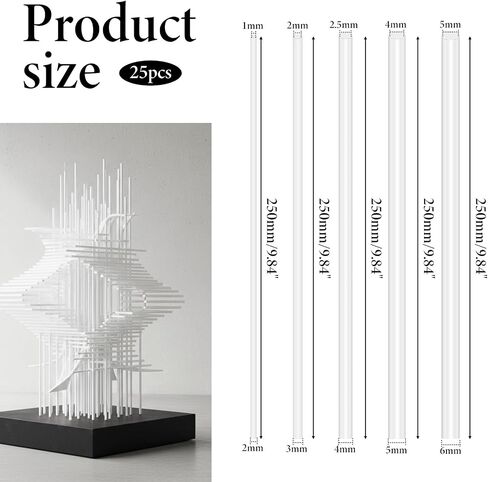 25Pcs Plastic Tubing 5 Sizes ABS White Round Bars Rod Hollow Tube for DIY Sand Table Architectural Model Making(Ø2mm 3mm 4mm 5mm 6mm, 9.8 Inch Long) in Kuwait