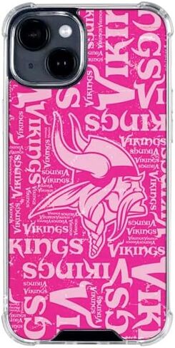 حافظة هاتف Skinit الشفافة متوافقة مع iPhone 15 Plus - مرخصة رسميًا من NFL Minnesota Vikings - تصميم وردي فاتح in Kuwait