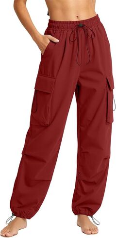 SHOPESSA Parachute Pants Woman Elastic Waisted Lightweight Waterproof Quick Dry Cargo Pants Baggy Hiking Joggers with Pockets in Kuwait