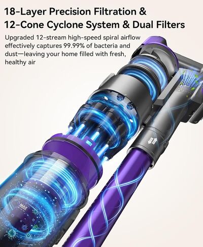 Cordless Vacuum Cleaner 60,000Pa,70 Min 150,000PRM Vacuum Cleaner, 18-Layer Filtration Vacuum, Self-Standing Vacuum Cleaners for Home with 1600ml Cup for Pet Hair Carpet Hardwood Floor Car X18 in Kuwait