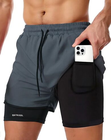 Men's 2-in-1 Running Shorts with Inner Liner, Breathable Quick-Dry Workout Shorts with Pockets Gym Shark for Men in Kuwait