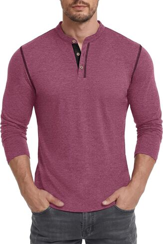 تي شيرت رجالي من PEGENO بأكمام طويلة من Henley قميص كاجوال بياقة مربوطة مصمم بفتحات علوية in Kuwait