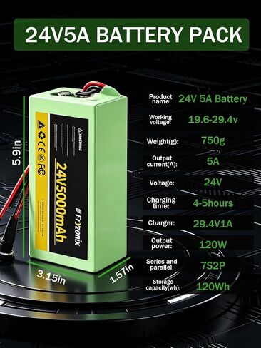 2 Pack 24V 5Ah Lithium Battery with 29.4V 1A Charger, 24 Volt Rechargeable Battery for DIY Projects in Kuwait