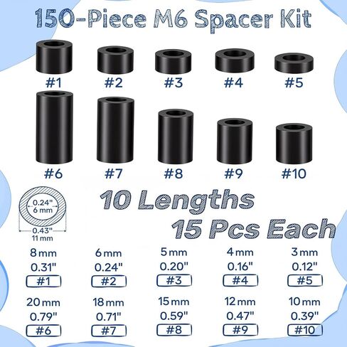 150 Pcs Black Nylon Spacers, Outlet Spacer ID 6 mm & OD 11 mm, 10 Lengths – 3,4,5,6,8,10,12,15,18,20(mm), Non-Threaded Round Plastic Spacers for Switch & Receptacle Screws in Kuwait