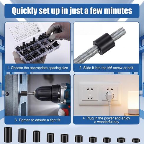 150 Pcs Black Nylon Spacers, Outlet Spacer ID 6 mm & OD 11 mm, 10 Lengths – 3,4,5,6,8,10,12,15,18,20(mm), Non-Threaded Round Plastic Spacers for Switch & Receptacle Screws in Kuwait