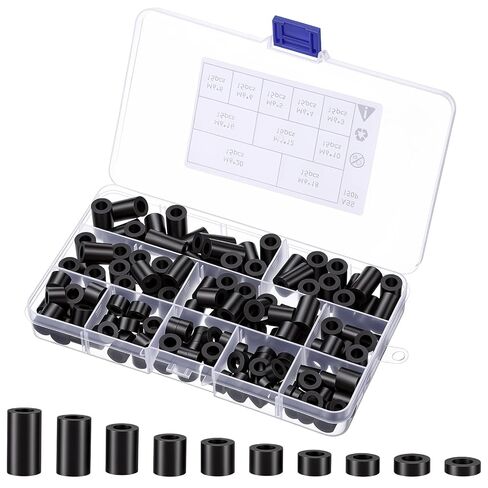150 Pcs Black Nylon Spacers, Outlet Spacer ID 6 mm & OD 11 mm, 10 Lengths – 3,4,5,6,8,10,12,15,18,20(mm), Non-Threaded Round Plastic Spacers for Switch & Receptacle Screws in Kuwait