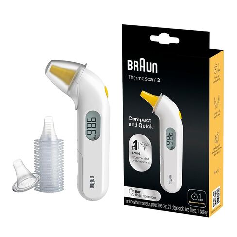 Braun ThermoScan 3 Ear Thermometer, Fast 1 Second Measurement, Audio Fever Indicator, Digital Display, Baby and Infant Friendly, No. 1 Brand Recommended by Pediatricians in Kuwait