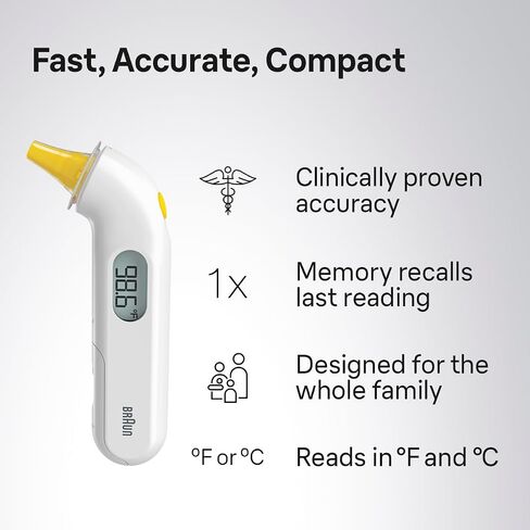 Braun ThermoScan 3 Ear Thermometer, Fast 1 Second Measurement, Audio Fever Indicator, Digital Display, Baby and Infant Friendly, No. 1 Brand Recommended by Pediatricians in Kuwait