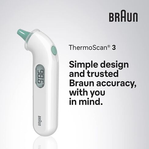 Braun ThermoScan 3 Ear Thermometer, Fast 1 Second Measurement, Audio Fever Indicator, Digital Display, Baby and Infant Friendly, No. 1 Brand Recommended by Pediatricians in Kuwait