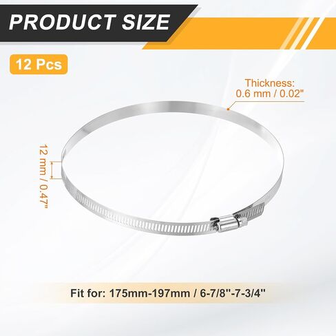 HARFINGTON 12 قطعة خرطوم المشبك 6-7/8"-7-3/4" (175-197 مم) 304 الفولاذ المقاوم للصدأ قابل للتعديل دودة والعتاد خرطوم المشبك مجموعة متنوعة لخط الوقود أنابيب السباكة أنبوب السيارات الميكانيكية in Kuwait