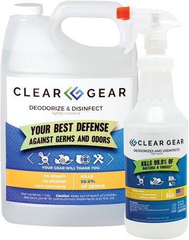 Clear Gear - Disinfectant, Cleaner, and Deodorizer Bundle for Sports Equipment, Gyms, and Fitness Centers - EPA-Registered, Hospital Grade, Made in USA - 1 Gallon Bottle + 32 Oz Disinfecting Spray in Saudi Arabia