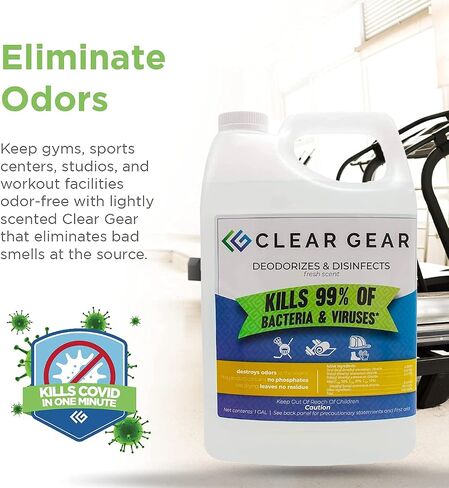 Clear Gear - Disinfectant, Cleaner, and Deodorizer Bundle for Sports Equipment, Gyms, and Fitness Centers - EPA-Registered, Hospital Grade, Made in USA - 1 Gallon Bottle + 32 Oz Disinfecting Spray in Saudi Arabia