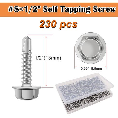 weideer 230pcs #8×1/2" Self Tapping Screws for Metal, 410 Stainless Steel Hex Washer Head Sheet Metal Screws,Quick Tapping Screw with Screwdriver Bit K-132-13-230P-W in Kuwait