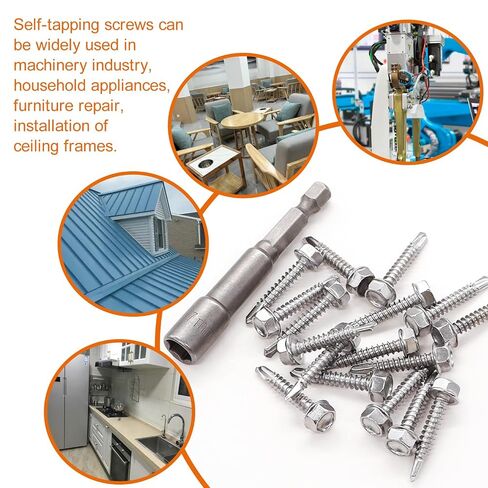 weideer 230pcs #8×1/2" Self Tapping Screws for Metal, 410 Stainless Steel Hex Washer Head Sheet Metal Screws,Quick Tapping Screw with Screwdriver Bit K-132-13-230P-W in Kuwait