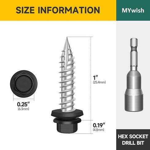 Mywish 50 قطعة #10 × 1 براغي سقف معدنية ذات رأس سداسي مع غسالة مطاطية، براغي خشبية مطلية باللون الأسود، برغي سقف معدني مع لقمة سائق بمقبس سداسي in Kuwait