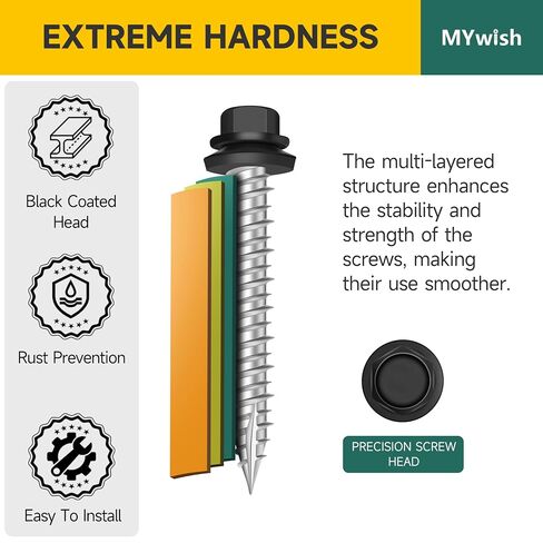 Mywish 50 قطعة #10 × 1 براغي سقف معدنية ذات رأس سداسي مع غسالة مطاطية، براغي خشبية مطلية باللون الأسود، برغي سقف معدني مع لقمة سائق بمقبس سداسي in Kuwait