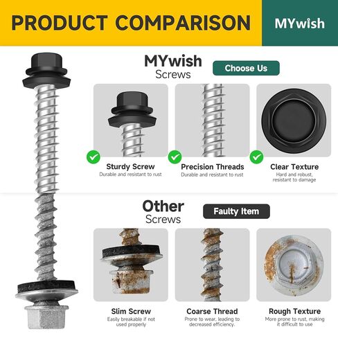 Mywish 50 قطعة #10 × 1 براغي سقف معدنية ذات رأس سداسي مع غسالة مطاطية، براغي خشبية مطلية باللون الأسود، برغي سقف معدني مع لقمة سائق بمقبس سداسي in Kuwait