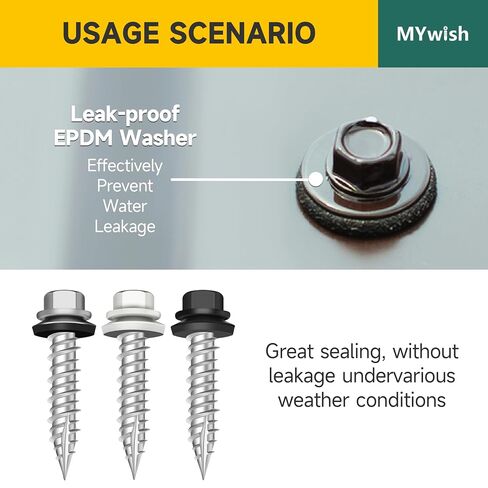 Mywish 50 قطعة #10 × 1 براغي سقف معدنية ذات رأس سداسي مع غسالة مطاطية، براغي خشبية مطلية باللون الأسود، برغي سقف معدني مع لقمة سائق بمقبس سداسي in Kuwait