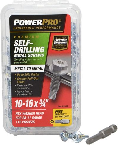 Power Pro Premium Self-Drilling Metal Screws, Zinc Plated Steel, Hex Washer Head Metal to Metal Winged Point Screws, Silver, #10 x ¾ inch, Box of 112 Screws in Kuwait