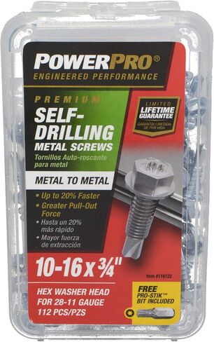 Power Pro Premium Self-Drilling Metal Screws, Zinc Plated Steel, Hex Washer Head Metal to Metal Winged Point Screws, Silver, #10 x ¾ inch, Box of 112 Screws in Kuwait