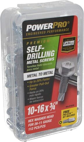 Power Pro Premium Self-Drilling Metal Screws, Zinc Plated Steel, Hex Washer Head Metal to Metal Winged Point Screws, Silver, #10 x ¾ inch, Box of 112 Screws in Kuwait