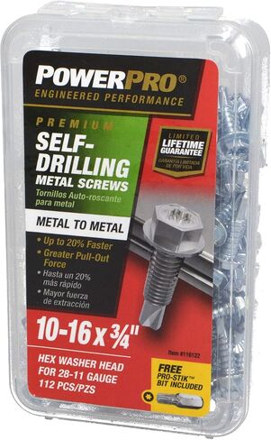 Power Pro Premium Self-Drilling Metal Screws, Zinc Plated Steel, Hex Washer Head Metal to Metal Winged Point Screws, Silver, #10 x ¾ inch, Box of 112 Screws in Kuwait