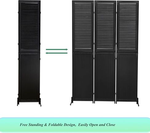3 Panel Room Divider, 6 Ft Folding Privacy Screen, Black Wood with Metal Frame and Louver Design, Rustic Style in Kuwait