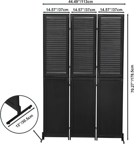 3 Panel Room Divider, 6 Ft Folding Privacy Screen, Black Wood with Metal Frame and Louver Design, Rustic Style in Kuwait