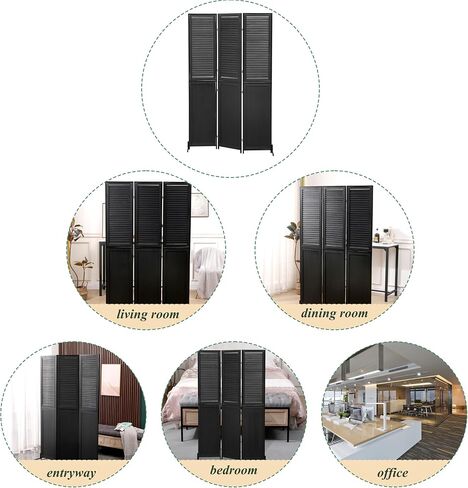 3 Panel Room Divider, 6 Ft Folding Privacy Screen, Black Wood with Metal Frame and Louver Design, Rustic Style in Kuwait
