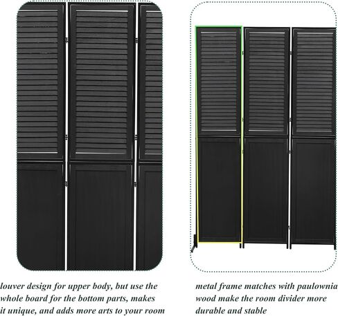 3 Panel Room Divider, 6 Ft Folding Privacy Screen, Black Wood with Metal Frame and Louver Design, Rustic Style in Kuwait