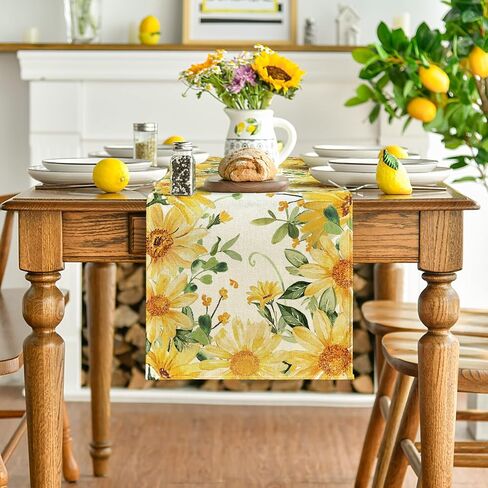 Artoid Mode Eucalyptus Sunflower Floral Summer Table Runner, Yellow Seasonal Spring Kitchen Dining Table Decoration for Home Party Decor 13x72 Inch in Kuwait
