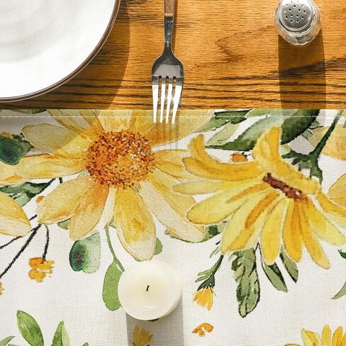 Artoid Mode Eucalyptus Sunflower Floral Summer Table Runner, Yellow Seasonal Spring Kitchen Dining Table Decoration for Home Party Decor 13x72 Inch in Kuwait