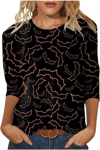 Halloween Shirts for Women Happy Pumpkins Print Graphic Tees Casual Crew Neck 3/4 Sleeve Pullover T-Shirts in Kuwait
